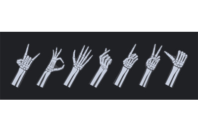 Skeletal hand x-ray gestures. Peace sign, okay and love heart gesture,