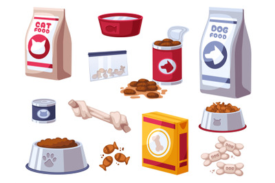 Cat and dog food. Pet store animal care products and snacks, bowls and