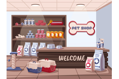 Pet shop interior. Shelves with animal care products, food for dogs an