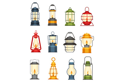 Cartoon camp lamp. Vintage camping lantern, portable lighting devices
