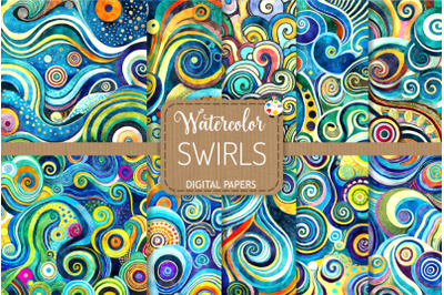 Watercolor Swirls - Turquoise Retro Wavy Sea Patterns