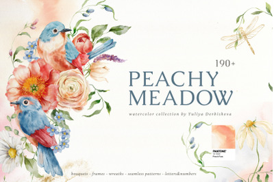 Peachy watercolor wildflower flowers birds floral illustration