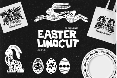 Easter linocuts with decorative rabbits and eggs