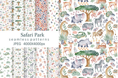 Safari Park Watercolor Seamless Patterns