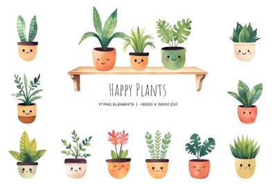 Watercolor happy plants in pot clipart. House plants clipart.