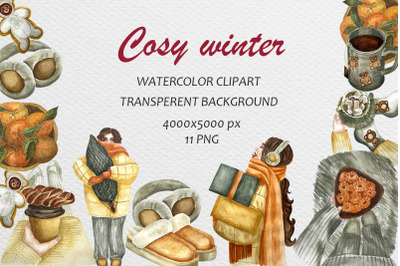 Watercolor Cosy Winter Clipart Set 11 png Illustration