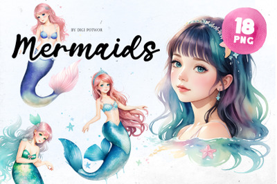 Watercolor Mermaid Bundle | PNG cliparts