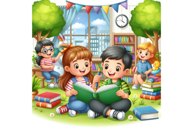 Children reading story book