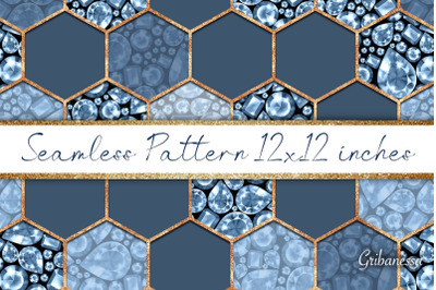 Hexagons and Gems | Blue seamless pattern