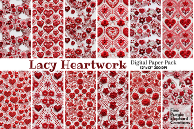 Red Floral Embroidered Hearts Digital Paper | Printable Valentine Cott