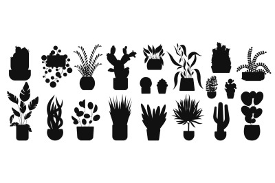Houseplant silhouettes. Flowerpot garden icons, indoor plants gr