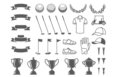 Golf elements collection. Tee icons, ball silhouettes, cup stickers an