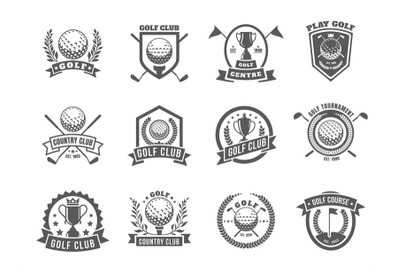 Golf logo. Emblem badges with golf clubs and balls for course emblem,