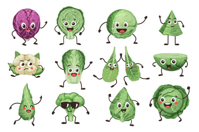 Cartoon cabbage characters. Vegetable faces with different emotions, f