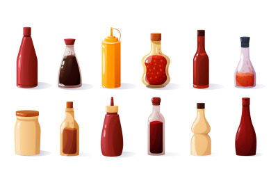Cartoon sauce bottles. Traditional spicy ketchup mayonnaise mustard so