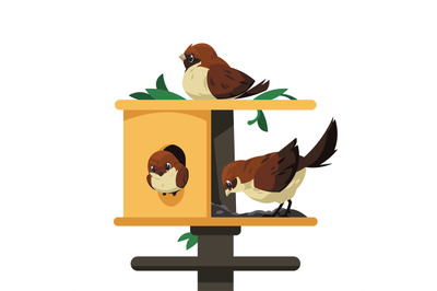 Birds in bird feeder. Cute cartoon characters feeding on seeds in wood