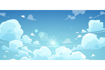Cartoon summer sky. Landscape of bright sunny day with floating white
