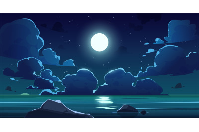 Cartoon night sea sky. Midnight sky with moon, blue moonlight and star