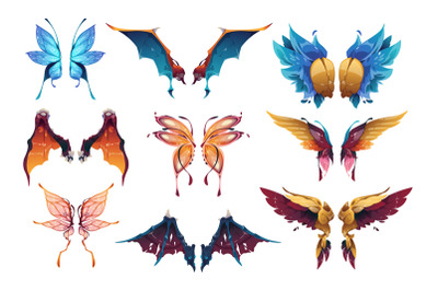 Cartoon fairy wings. Abstract magic fantasy butterfly and bird feather