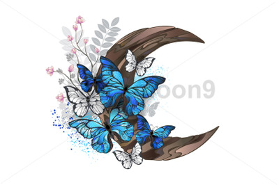 Blue butterflies on wooden crescent