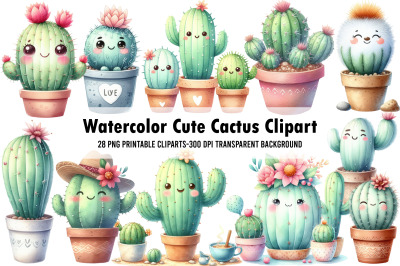 Watercolor Cute Cactus Clipart