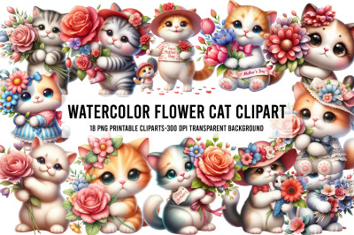 Watercolor Flower Cat Clipart