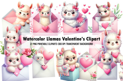 Watercolor Llamas Valentine&#039;s Clipart