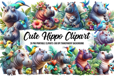 Watercolor Cute Hippo Clipart