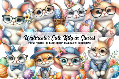 Watercolor Cute Kitty in Glasses