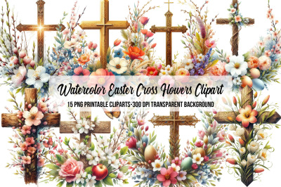Watercolor Easter Cross Flowers Clipart