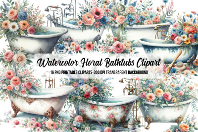 Watercolor Floral Bathtubs Clipart