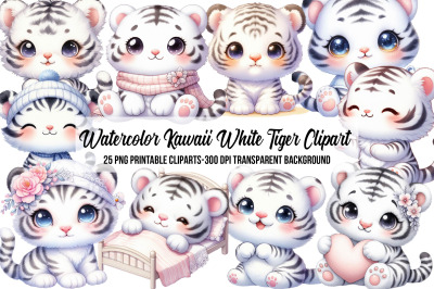 Watercolor Kawaii White Tiger Clipart