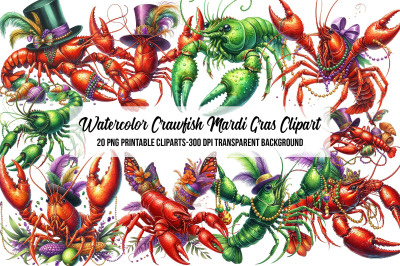 Watercolor Crawfish Mardi Gras Clipart