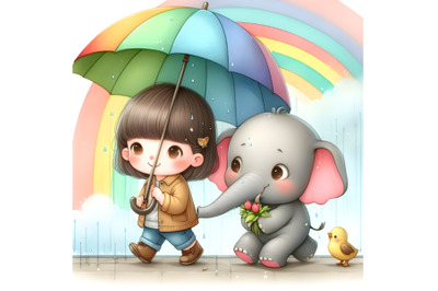 two kids with umbrella and elephant