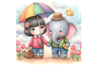 two kids with umbrella and elephant