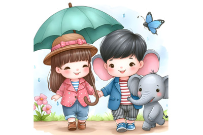 two kids with umbrella and elephant