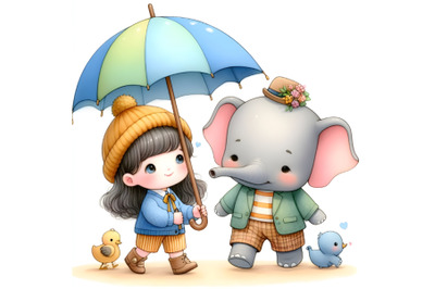 two kids with umbrella and elephant