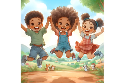 Happy kids jumping in landscape