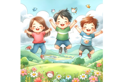 Happy kids jumping in landscape