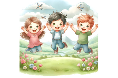 Happy kids jumping in landscape