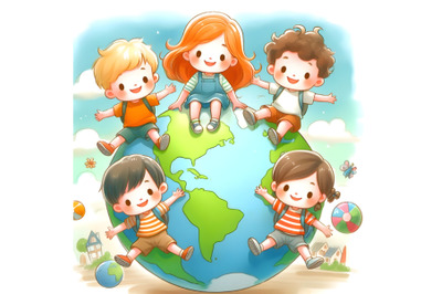 Five kids on top of a globe