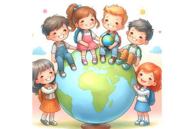 Five kids on top of a globe