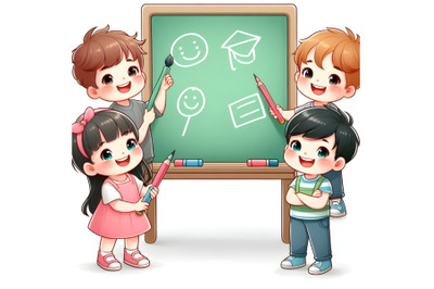 Smiling kids on writing board