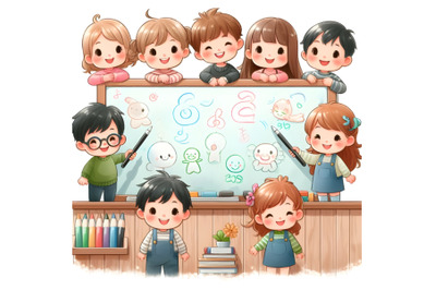 Smiling kids on writing board