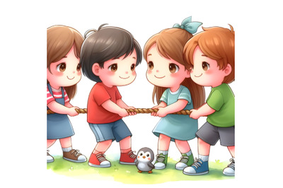 Four kids playing at tug of war