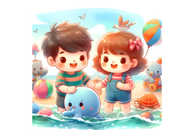 playing together in the sea