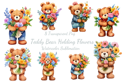 Teddy Bear Holding Flowers Watercolor Sublimation