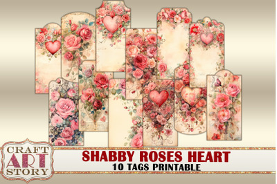 Shabby roses heart ephemera Tags,scrapbook junk journal