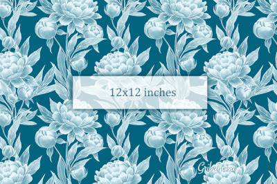 Blue monochrom floral seamless pattern | Peony flowers 1