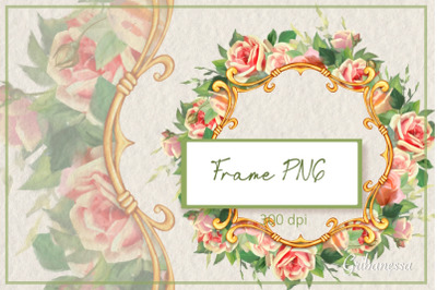 Golden frame PNG | Decorative frame with roses